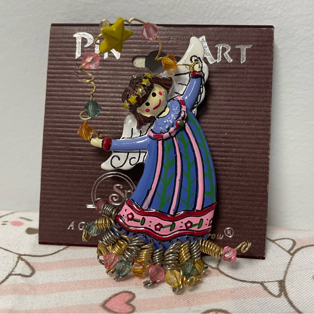 Angel Pin Brooch Christmas Enamel Star Beaded Spoontiques Vintage Jewellery